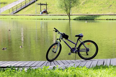Bicycle parked on the lake shore with ducks. Travel on nature and leisure in summer park