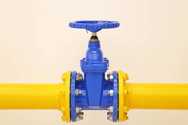 Vanalı boru hattı. Mavi vinçli sarı tüp, petrol ve gaz endüstrisi