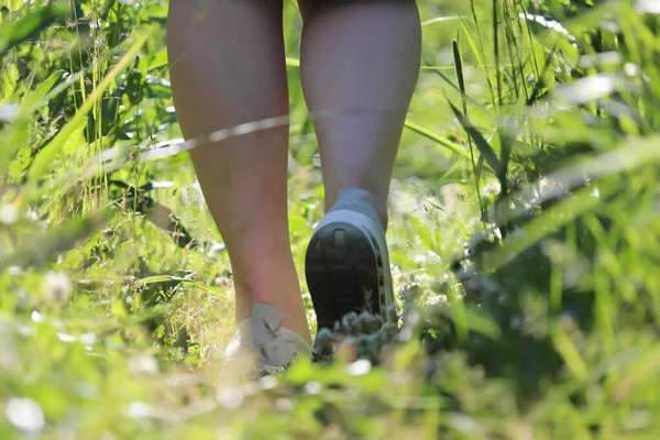 Mädchen Laufen Auf Einem Sommerfeld Blick Durch Das Gras Sonnenlicht — Stockfoto