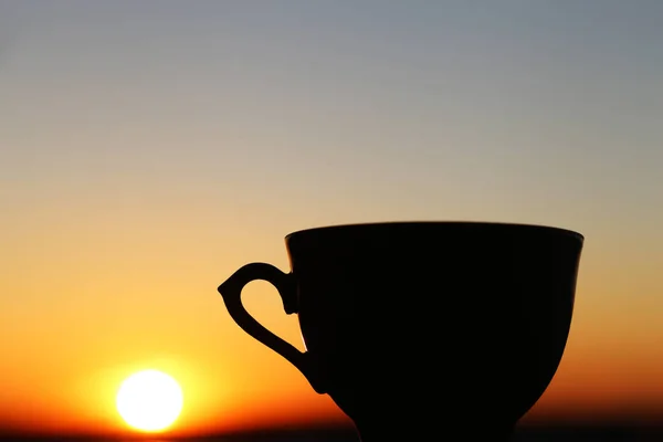 Черный Силуэт Чашки Кофе Фоне Восхода Солнца Уютная Атмосфера Вид — стоковое фото