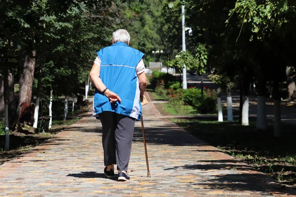 Старуха Ходит Тростью Улице Городском Парке Неподвижный Человек Заболевания Позвоночника — стоковое фото