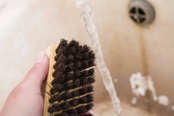 Shoe Brush Hand Water Jet Close — Stock Photo, Image