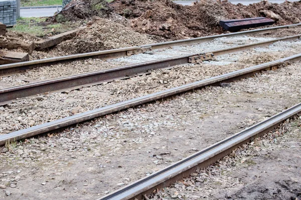 Sand Repair Work Tram Rails Close — Stock Photo, Image