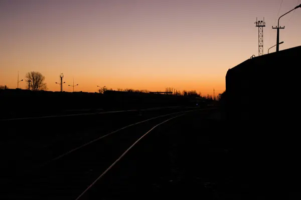 Ferrocarriles Nieve Oscuridad Amanecer — Foto de Stock
