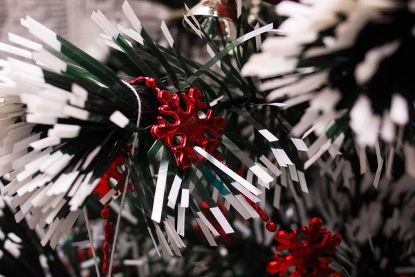 Red Christmas Decoration Spruce Branch Close — Stock Photo, Image