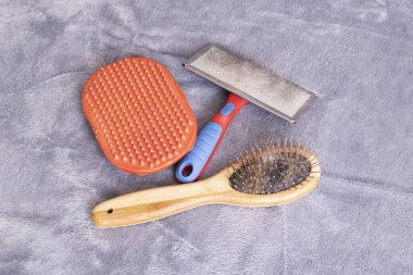 Gri arka planda hayvan tımar fırçaları yakın plan