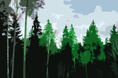 Yeşil orman ve mavi bulutların soyut çizimi