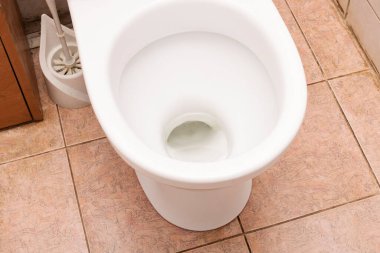 Beyaz klozet ve yerde fırça.