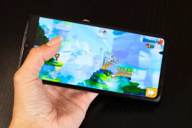 BELARUS, NOVOPOLOTSK - 27 Mart 2021: Kızgın kuşlar 2 oyunu telefon ekranında