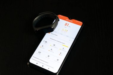 BELARUS, NOVOPOLOTSK - 27 Mart 2021: Xiaomi mi bandı için uygulama telefon ekranında yakın çekim