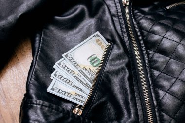 Deri ceketin cebindeki dolarlar.