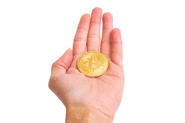 Eldeki bitcoin beyaz arkaplanda izole edildi.