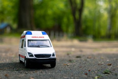 Ağaçların arasında asfalttaki ambulans arabası, boşluğu kopyala