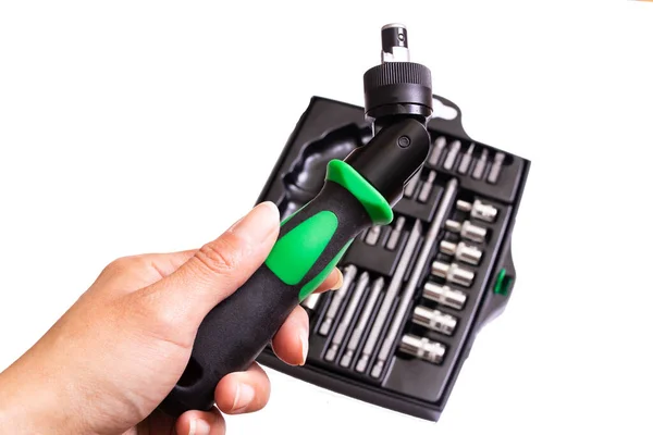 Set Screwdriver Bits Wooden Table Close — Stock Photo, Image