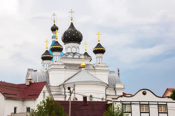 Domes Dari Sebuah Gereja Ortodoks Putih Terhadap Langit Abu Abu — Stok Foto