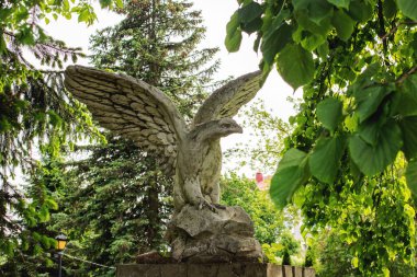 Yeşil ağaç dalları arasında beyaz kartal heykeli