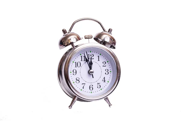 Reloj Despertador Retro Metal Aislado Sobre Fondo Blanco Cerca — Foto de Stock