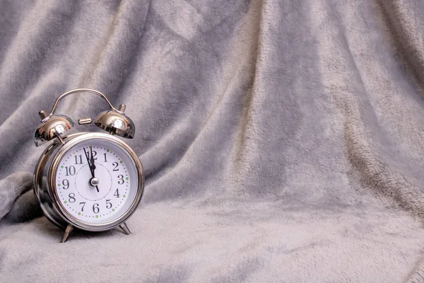 Metal Retro Alarm Clock Gray Background Copy Space — Stock Photo, Image