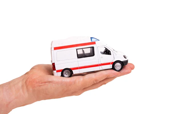 Leksak Ambulans Bil Handflatan Isolerad Vit Bakgrund Närbild — Stockfoto