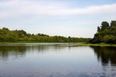 Nehir ve yaz ormanı mavi gökyüzünün altında