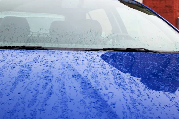Μπλε Κουκούλα Αυτοκινήτου Σταγόνες Βροχής Κοντά Φθινόπωρο — Φωτογραφία Αρχείου