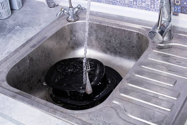 Plates Sink Tap Close — Stock Photo, Image