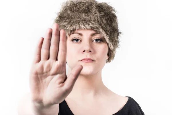 Woman signals stop with the hand in front of her — Stock Photo, Image