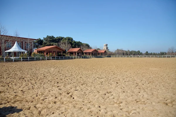 Horse stables . A large arena with sand for horses . Elite Horse and Polo Club . training ground. horse club. Sand Stadium for horseback riding. Horse home .