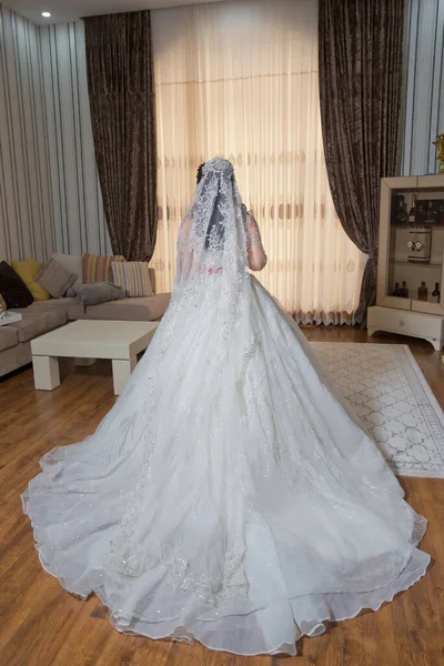 Dos Une Robe Mariée Blanche Mariée Prend Une Photo Robe — Photo