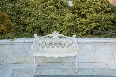 Yeşil bir çitin önüne yerleştirilmiş beyaz metal bir bank. Klasik bir beyaz dökme demir iki koltuklu bank meşe yaprağı dizaynı ve koltukta çekici bir kaydırma, ayakta