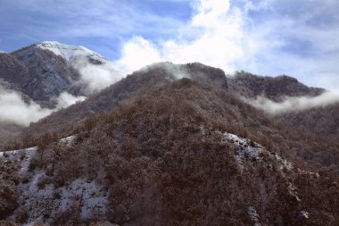 Karlı ve ağaçlık Kafkas dağları. Ağaçların yaprakları dağa düştü. Dağlarda kar yağdı. Bash Dashagil köyü, Oguz bölgesi. Mavi gökyüzü
