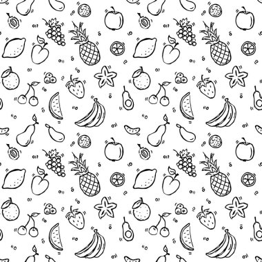 Kusursuz meyve ve sebze vektör deseni. Beyaz arka planda meyve ve sebze ikonları olan Doodle vektörü. Klasik vegan şablonu, tatlı elementler projeniz, menünüz, kafe dükkanınız için arka plan.