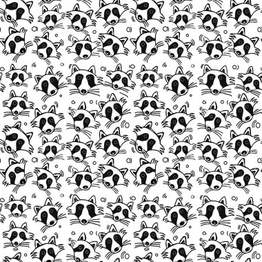 Rakunlarla kusursuz vektör deseni. Beyaz arka planda rakunlar olan Doodle vektörü. Rakun simgeleriyle klasik desen, projeniz için tatlı elementler arka planı