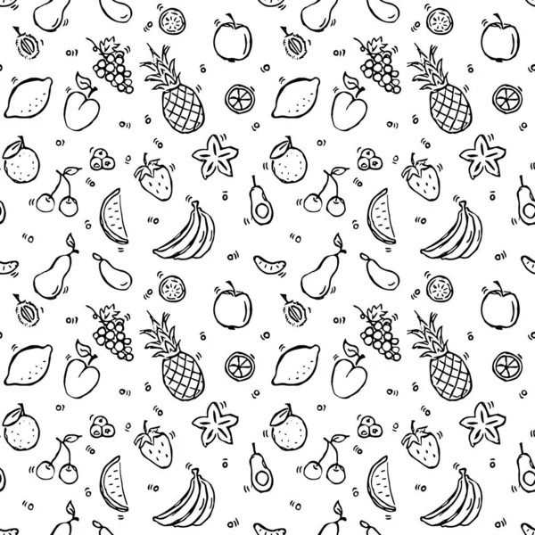 Seamless fruits and vegetables vector pattern. Doodle vector with fruits and vegetables icons on white background. Vintage vegan pattern, sweet elements background for your project, menu, cafe shop.