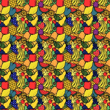 Kusursuz renkli meyve deseni. Muz, ananas, elma, kiraz, limon, avokado, üzüm, karpuz, portakal ve diğerleriyle çizim. Antika meyve deseni, tatlı elementler projeniz, menünüz, kafe dükkanınız için arka plan.