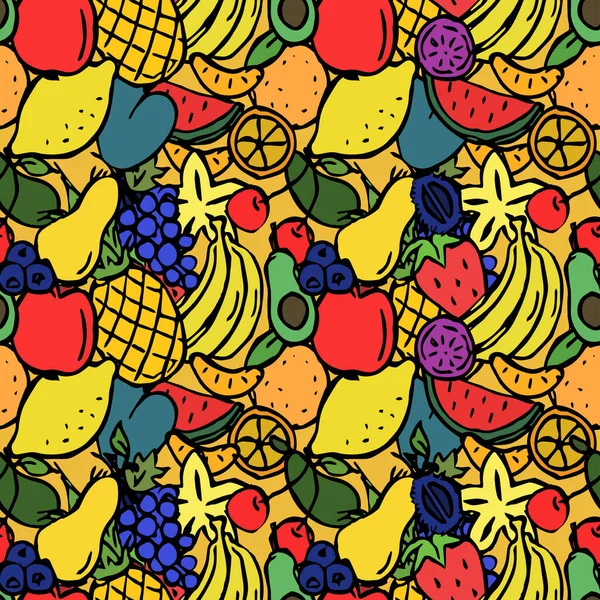 Seamless colored fruits pattern. Doodle illustration with banana, pineapple, apple, cherry, lemon, avocado, grape, watermelon, orange and other. Vintage fruit pattern, sweet elements background for your project, menu, cafe shop.