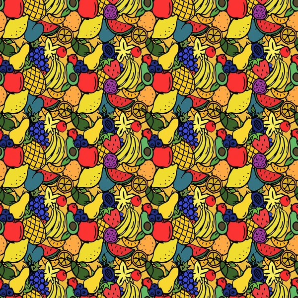 Kusursuz renkli meyve deseni. Muz, ananas, elma, kiraz, limon, avokado, üzüm, karpuz, portakal ve diğerleriyle çizim. Antika meyve deseni, tatlı elementler projeniz, menünüz, kafe dükkanınız için arka plan.