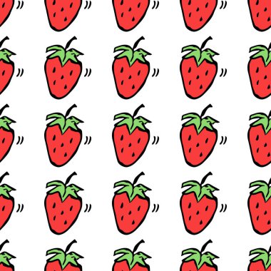 Kusursuz çilek deseni. Beyaz zemin üzerinde kırmızı çilek simgeleri olan karalama çizimi. Klasik çilek deseni, tatlı elementler projeniz, menünüz, kafe dükkanınız için arka plan. 