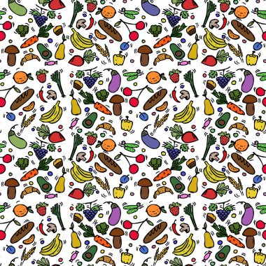 Kusursuz sebzeler renkli desenler. Beyaz arka planda sebze ikonlarıyla karalama çizimi. Eski vejetaryen yemek ikonları, menü için tatlı unsurlar, kafe dükkanı.. 