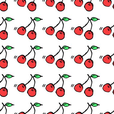 Beyaz arka planda kırmızı kiraz ikonları. Kusursuz renkli kiraz deseni. Vintage kiraz deseni, tatlı elementler projeniz, menünüz, kafe dükkanınız için arka plan. 