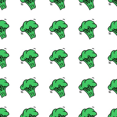 Beyaz arka planda yeşil brokoli simgeleri. Kusursuz brokoli deseni. Klasik brokoli deseni, tatlı elementler projeniz, menünüz, kafe dükkanınız için arka plan. 
