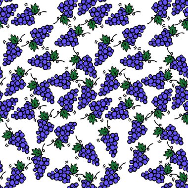 Renksiz üzüm deseni. Beyaz arka planda üzüm ikonları olan karalama çizimi. Vintage üzüm deseni, tatlı elementler projeniz, menünüz, kafe dükkanınız için arka plan. 