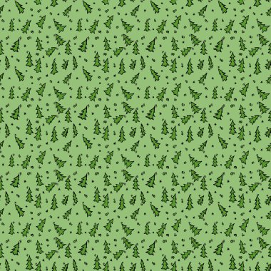 Mutlu yıllar 2022. Yeşil arka planda izole edilmiş Noel ağaçları. Noel ağaçlarıyla karalama vektör illüstrasyonu.