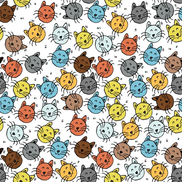 Seamless pattern with colorful cute cats. Doodle with cats on white background. Vintage pattern with cats icons, sweet elements background for your project, print for clothing or packaging.