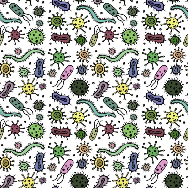 Colored viruses icons on white background. Seamless pattern with viruses. Doodle illustration with viruses icons.