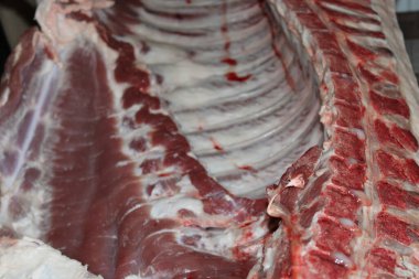 Sabahın erken saatlerinde bir kasabın dükkanında sergilenen taze domuz pirzolasının yakın görüntüsü. Kaburgalarda az miktarda mermer ve kan var. Bu da taze ve pişirmeye hazır olduğunu gösteriyor..