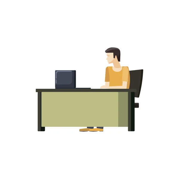 Muž sedící u stolu ikona počítače, kreslený styl — Stockový vektor