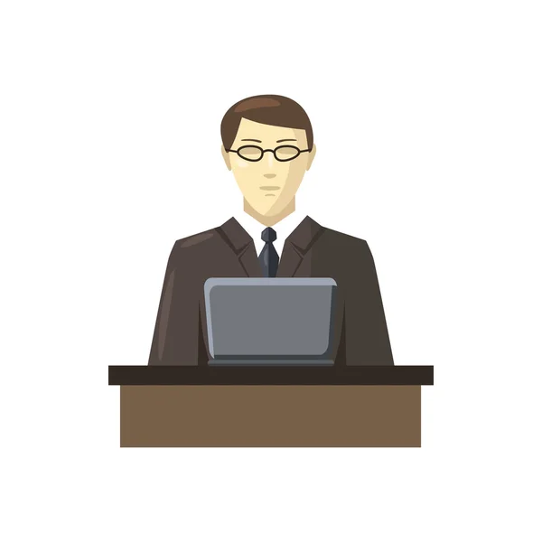 Empresario usando el icono de su portátil, estilo de dibujos animados — Vector de stock