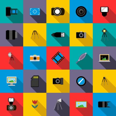 Fotoğraf stüdyosu ekipman Icons set, düz stil