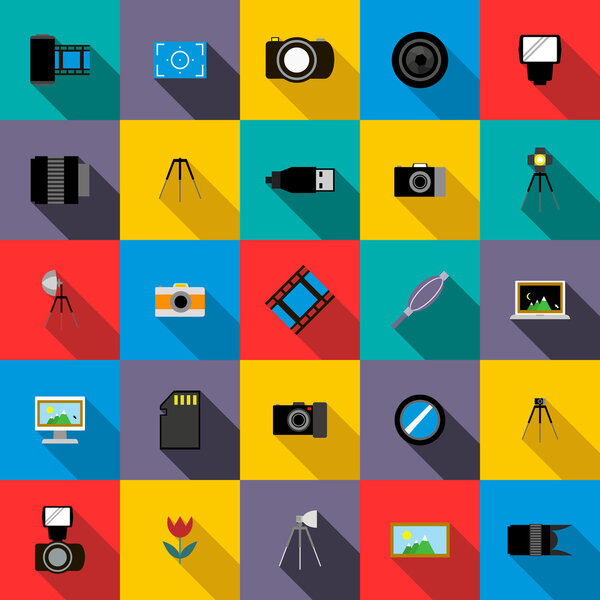 Комплект иконок оборудования фотостудии, плоский стиль
